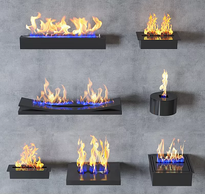 Modern Fireplace Designs With Various Styles And Blue Yellow Flames For Home Decor 3d model