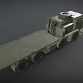 Green Military Truck with Flatbed Trailer Spare Tire on Top and Multiple Large Wheels