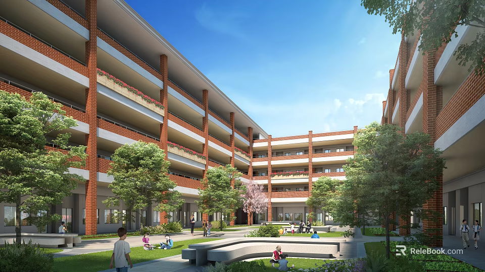 Red Brick Multi Story School Building Featuring Outdoor Courtyard Lush Green Trees And Students 3d model 