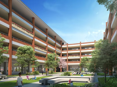 Red Brick Multi Story School Building Featuring Outdoor Courtyard Lush Green Trees And Students 3d model