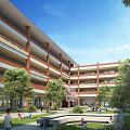 Red Brick Multi Story School Building Featuring Outdoor Courtyard Lush Green Trees And Students