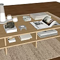 Wooden Coffee Table With Shelves On Woven Rug Featuring Open Magazine Books And Glass Bottle