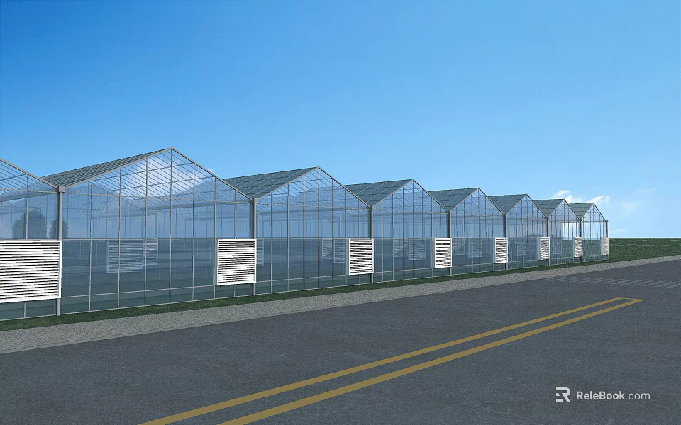 Garden Ornaments Featuring Glass Greenhouse Structures Along Road Under Blue Sky 3d model 