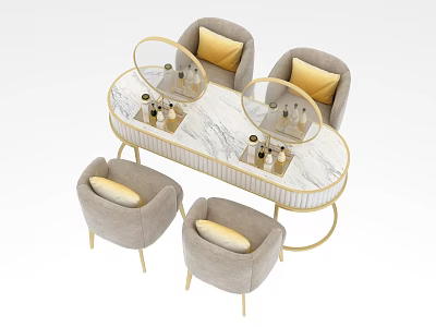 Elegant Modern Table and Chair Set With Marble Top Gold Frame Mirrors and Yellow Pillows 3d model