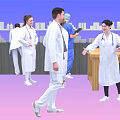 Man as Medical Professional With Team in White Coats And Blue Scrubs Around Long Table