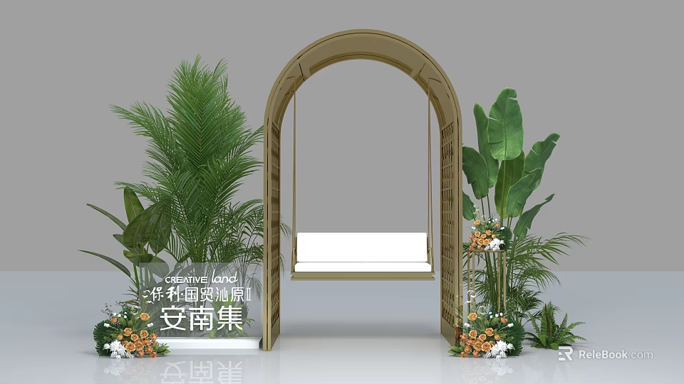 Modern Minimalist Outdoor Photo Check-in Spot With Archway Green Plants And Floral Arrangements 3d model 