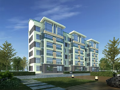 Modern Multistory Residential Building With Glass Curtain Walls Green Lawns Trees Pathways And Street Lamps 3d model
