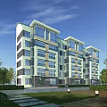 Modern Multistory Residential Building With Glass Curtain Walls Green Lawns Trees Pathways And Street Lamps
