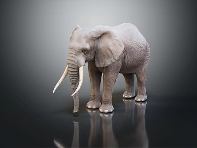 Elephant With Long Ivory Tusks Standing On Black Reflective Ground Against Gray Background 3d model