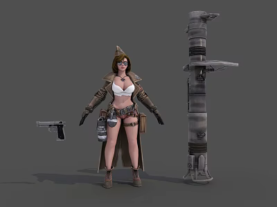 Female Game Movie Character In Long Coat With Goggles Toolkit And Gun Near Mechanical Device 3d model