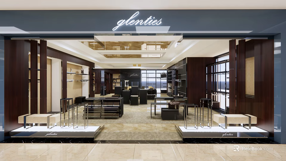 Glenties Store Elegant Interior With Spacious Display Area Modern Furniture And Chandelier Lighting 3d model 