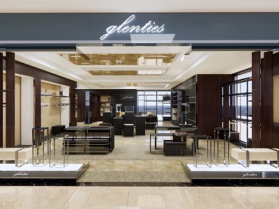 Glenties Store Elegant Interior With Spacious Display Area Modern Furniture And Chandelier Lighting 3d model