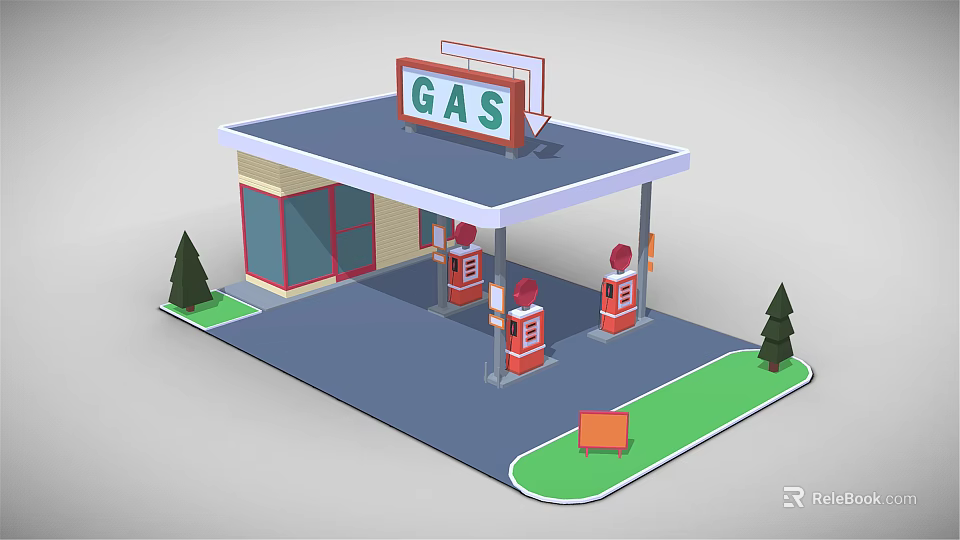 Cartoon Style Gas Station Scene With Roof GAS Sign Fuel Pumps And Green Trees 3d model 