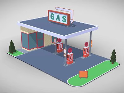 Cartoon Style Gas Station Scene With Roof GAS Sign Fuel Pumps And Green Trees 3d model