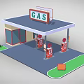 Cartoon Style Gas Station Scene With Roof GAS Sign Fuel Pumps And Green Trees
