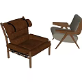 Minimalist Single Sofa Interior With Brown Leather And Beige Fabric Wooden Legs Design