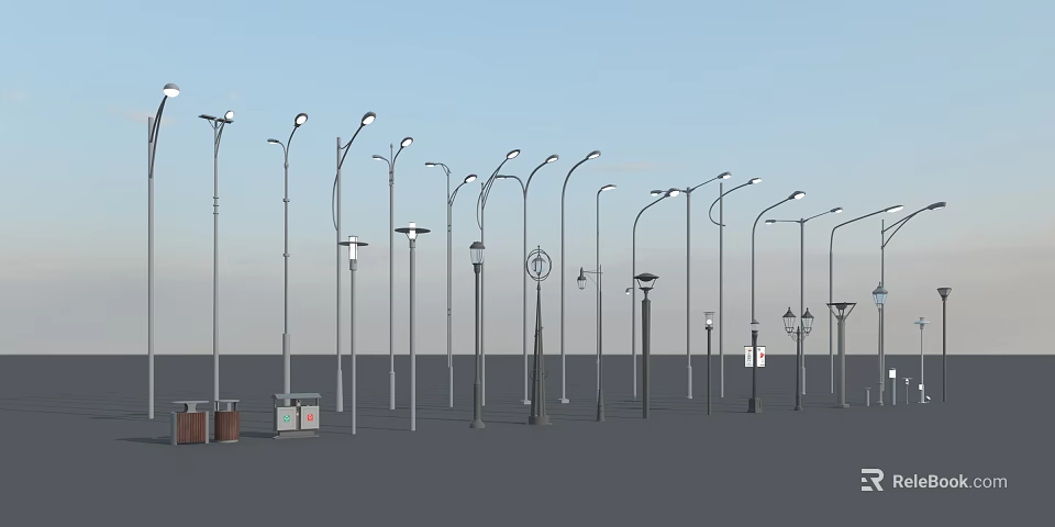 Outdoor Lights With Variety of Street Lamp Designs in Open Outdoor Setting 3d model 