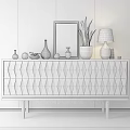 White Modern TV Stand With Diamond Pattern And Green Plant Lamp Vases Picture Frame
