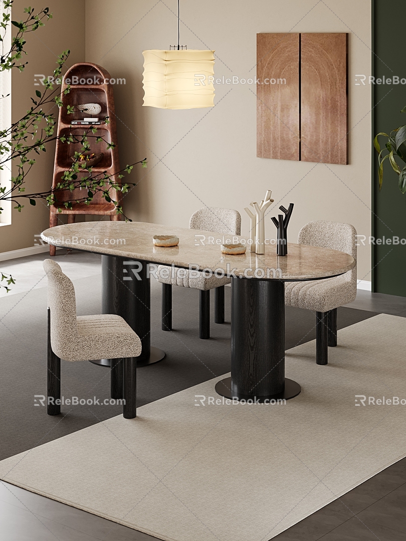 Middle-ancient style solid wood cave stone rock plate dining table dining chair combination restaurant 3d model