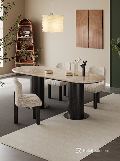 Modern Elegant Dining Room Interior With Marble Tabletop Wooden Legs Chairs Green Plants And Rug 3d model 