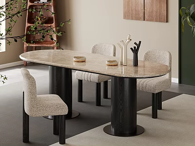 Modern Elegant Dining Room Interior With Marble Tabletop Wooden Legs Chairs Green Plants And Rug 3d model