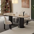 Modern Elegant Dining Room Interior With Marble Tabletop Wooden Legs Chairs Green Plants And Rug