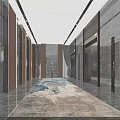 Modern Elevator Hallway Interior With Marble Walls Ceiling Lights And Decorative Rug 3d model