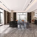 Spacious Living and Dining Room With Marble Wall Floor to Ceiling Windows and Modern Furniture