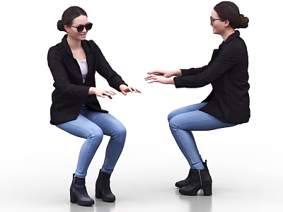 Woman in Black Coat Blue Jeans and Black Boots Wearing Sunglasses Sitting and Reaching Hands 3d model
