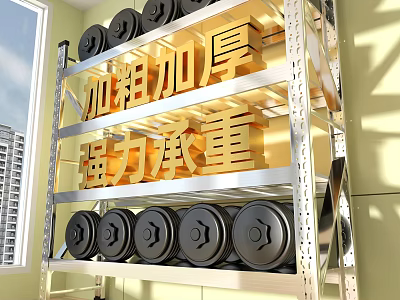 Metal Storage Shelf With Thickened Structure Strong Load Capacity And Black Dumbbell Plates 3d model