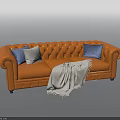 Orange Tufted Multi Seater Sofa With Blue White Pillows And Gray Blanket 3d model
