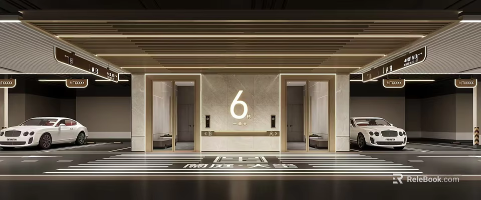 Elegant Parking Lot Entrance With Number 6 Marble Walls White Car And Lighting Fixtures 3d model 