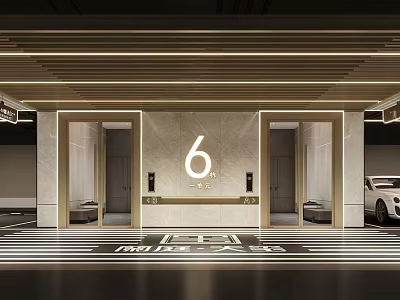 Elegant Parking Lot Entrance With Number 6 Marble Walls White Car And Lighting Fixtures 3d model