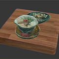 Appetizing Food With Two Bowls Of Soup And Grilled Meat Served On Wooden Cutting Board