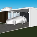 Modern Sales Office Building With Wooden Facade Lush Greenery And Car At Entrance Driveway