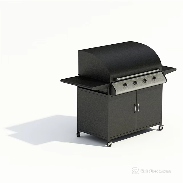 Black Outdoor Grill With Wheeled Cabinet Base Side Table And Control Panel 3d model 