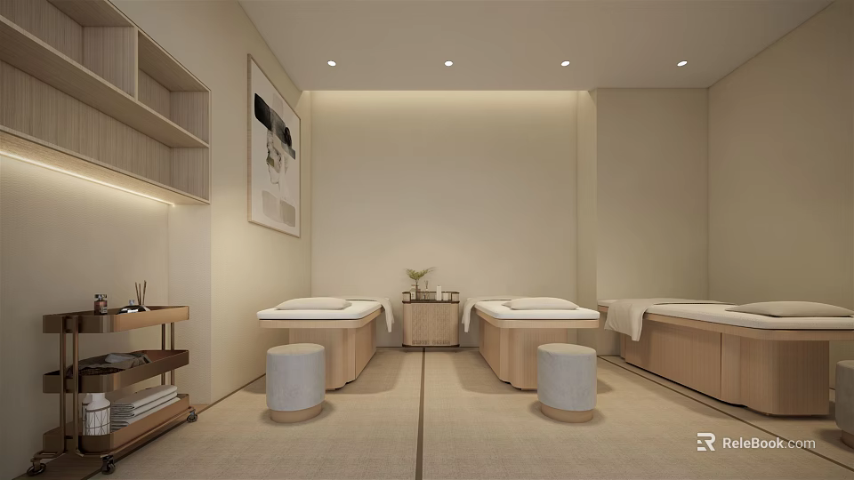 Modern SPA Sauna Room With Wooden Beds White Stools Light Colored Design And Soft Lighting 3d model 
