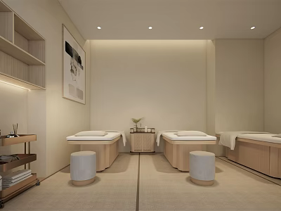 Modern SPA Sauna Room With Wooden Beds White Stools Light Colored Design And Soft Lighting 3d model