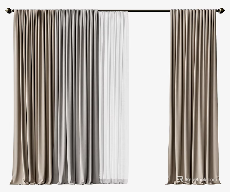 Elegant Beige Curtains With White Sheer Layer For Modern Home Decoration 3d model 