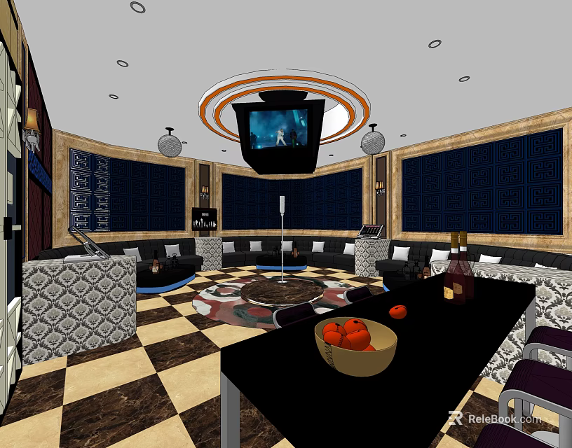 KTV Room Interior With Comfortable Sofa TV Coffee Table Fruit And Wine Bottles 3d model 