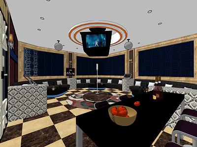 KTV Room Interior With Comfortable Sofa TV Coffee Table Fruit And Wine Bottles 3d model