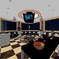 KTV Room Interior With Comfortable Sofa TV Coffee Table Fruit And Wine Bottles