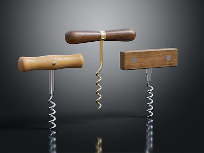 Hardware Tools Corkscrews in Different Designs with Wooden Handles and Metal Spirals 3d model