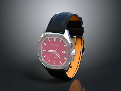 Elegant Wristwatch With Pink Dial Black Leather Strap Square Case Silver Bezel And Date 3d model