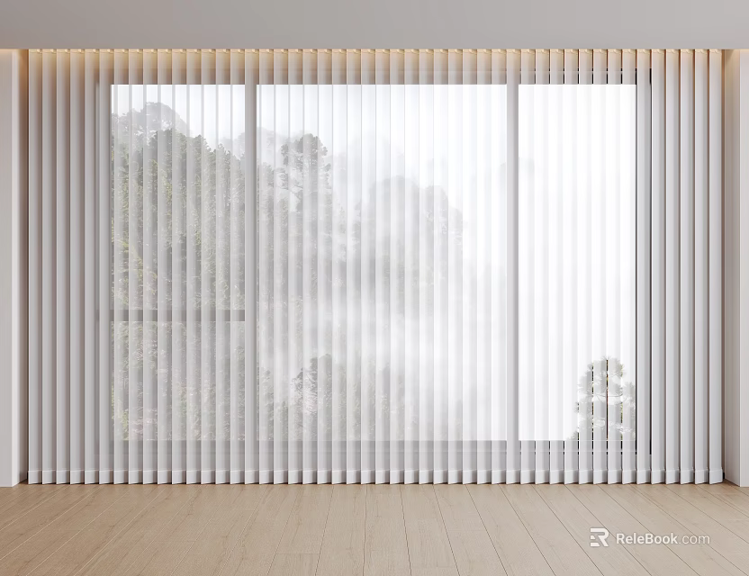 Modern White Vertical Blinds Enhancing Bright Room with Mountain View Misty Scenery and Wooden Floor 3d model 