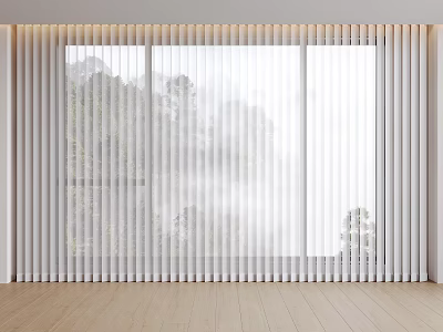 Modern White Vertical Blinds Enhancing Bright Room with Mountain View Misty Scenery and Wooden Floor 3d model