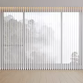 Modern White Vertical Blinds Enhancing Bright Room with Mountain View Misty Scenery and Wooden Floor