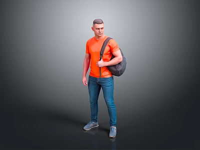 Man Wearing Orange T-shirt Blue Jeans Gray Shoes With Black Backpack Standing Against Gray Background 3d model