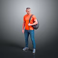 Man Wearing Orange T-shirt Blue Jeans Gray Shoes With Black Backpack Standing Against Gray Background