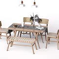 Wooden Dining Table Set With Wicker Chairs Bench And Decorative Plants 3d model